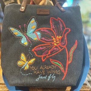 NWT Brighton You Already Have Wings Embroidered Blue Denim Bag Tote
